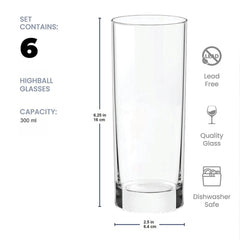 300 ml Highball Water Glasses - Tall Drinking Glasses for Water, Juice, Mojito, Cocktail, Lead - Free, Perfect for Home, Restaurants, and Parties - Crystalkart