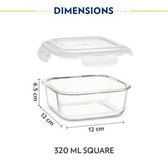 Borosil Mealbox Lunch Set - Grey, 320 ml Microwavable Glass Lunch Box Sqaure Set of 2