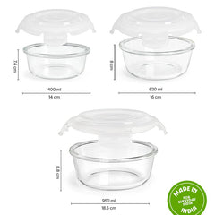 Borosil Klip N Store Round Glass Containers Set of 3 (400ml, 620ml, 950ml) | Airtight & Leakproof Lids | Borosilicate Food Storage Lunch Box | Microwave, Oven, Freezer & Dishwasher Safe | Made in India - Crystalkart