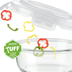 Borosil Klip N Store Round Glass Containers Set of 3 (400ml, 620ml, 950ml) | Airtight & Leakproof Lids | Borosilicate Food Storage Lunch Box | Microwave, Oven, Freezer & Dishwasher Safe | Made in India - Crystalkart