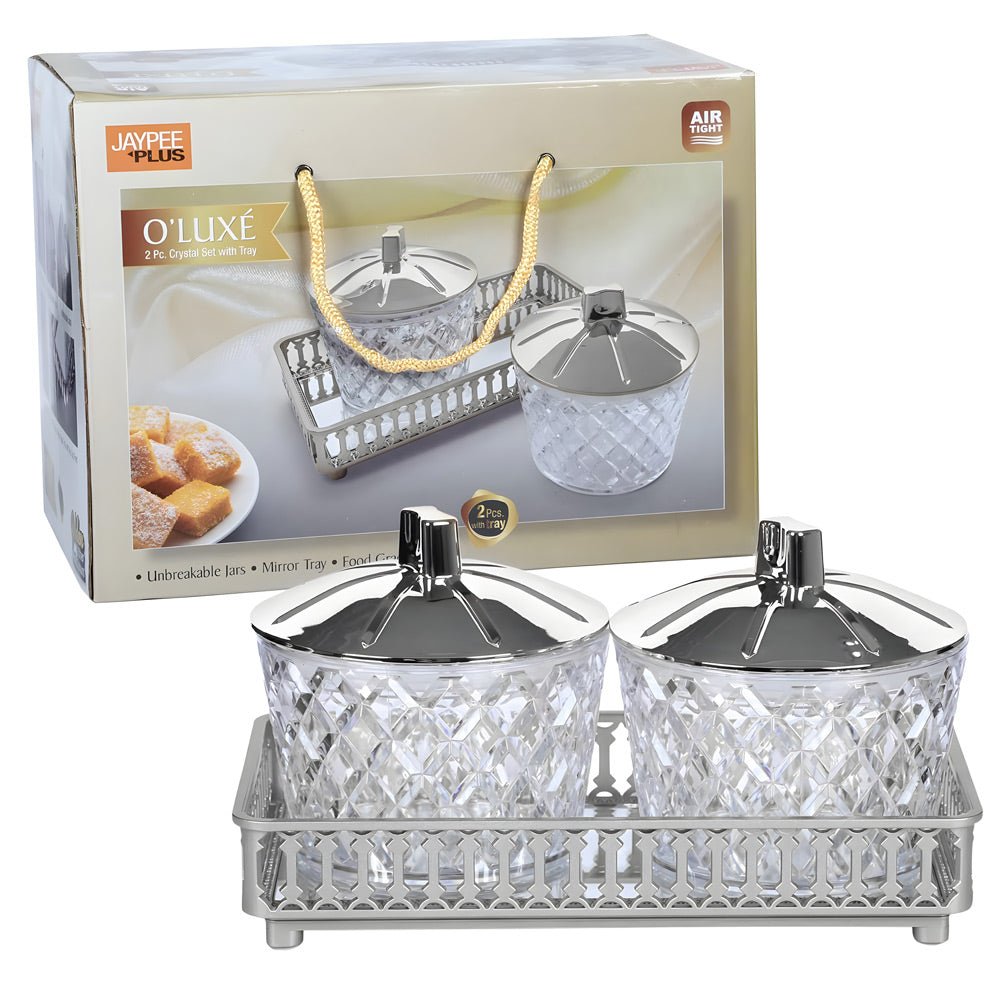 Jaypee Plus O'Luxe Airtight 2 - Piece Crystal Jar Set with Tray | Unbreakable Food Grade Plastic Containers with Metallic Mirror Glass Tray | Ideal for Dry Fruits, Spices, and Snacks | Elegant Serving & Gifting Set - Crystalkart