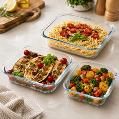 Set of 3 Square Borosilicate Glass Baking Dish - 900ml, 1100ml & 1800ml - Microwave, Oven, Freezer & Dishwasher Safe Glass Bakeware Set