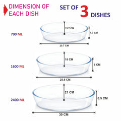 Versatile Set of 3 Oval Glass Baking Dishes – Durable, Transparent, Even - Heating – Microwave, Dishwasher, and Freezer Safe – 2400ml, 1600ml, 700ml - Crystalkart