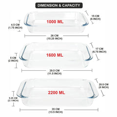 Versatile Set of 3 Rectangle Glass Baking Dishes – Durable, Transparent, Even - Heating – Microwave, Dishwasher, and Freezer Safe – 2200ml, 1600ml, 1000ml - Crystalkart