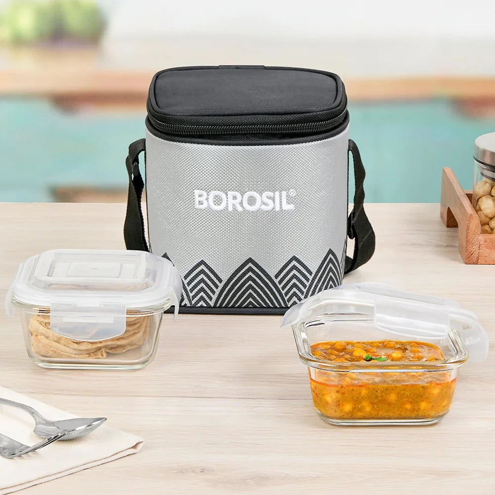 Borosil Mealbox Lunch Set - Grey, 320 ml Microwavable Glass Lunch Box Sqaure Set of 2