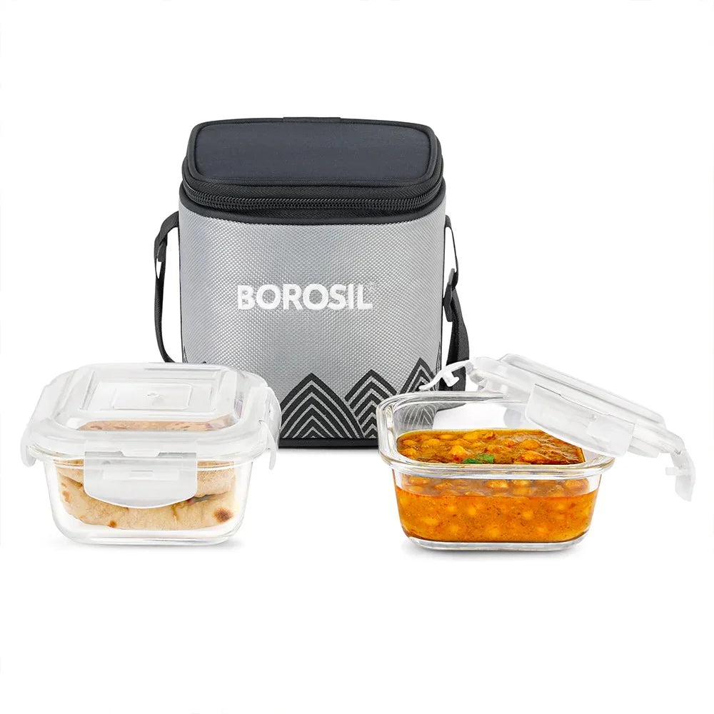 Borosil Mealbox Lunch Set - Grey, 320 ml Microwavable Glass Lunch Box Sqaure Set of 2