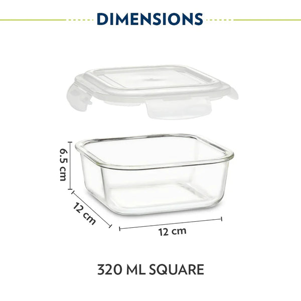 Borosil Mealbox Lunch Set - Grey, 320 ml Microwavable Glass Lunch Box Sqaure Set of 2
