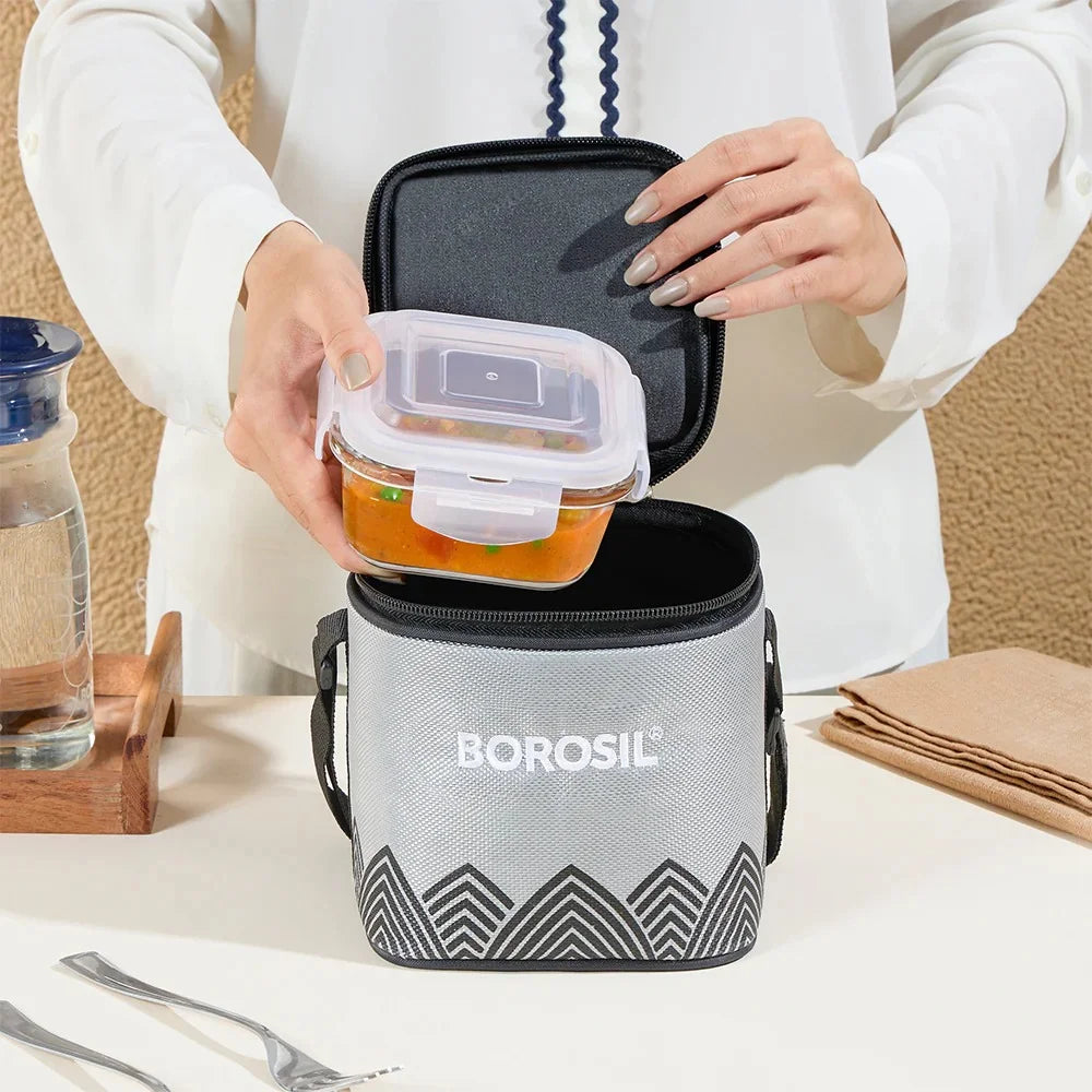 Borosil Mealbox Lunch Set - Grey, 320 ml Microwavable Glass Lunch Box Sqaure Set of 2