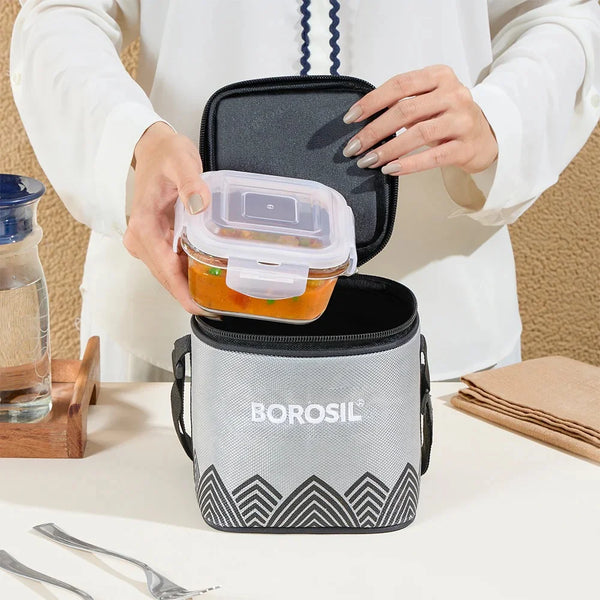 Borosil Mealbox Lunch Set - Grey, 320 ml Microwavable Glass Lunch Box Sqaure Set of 2