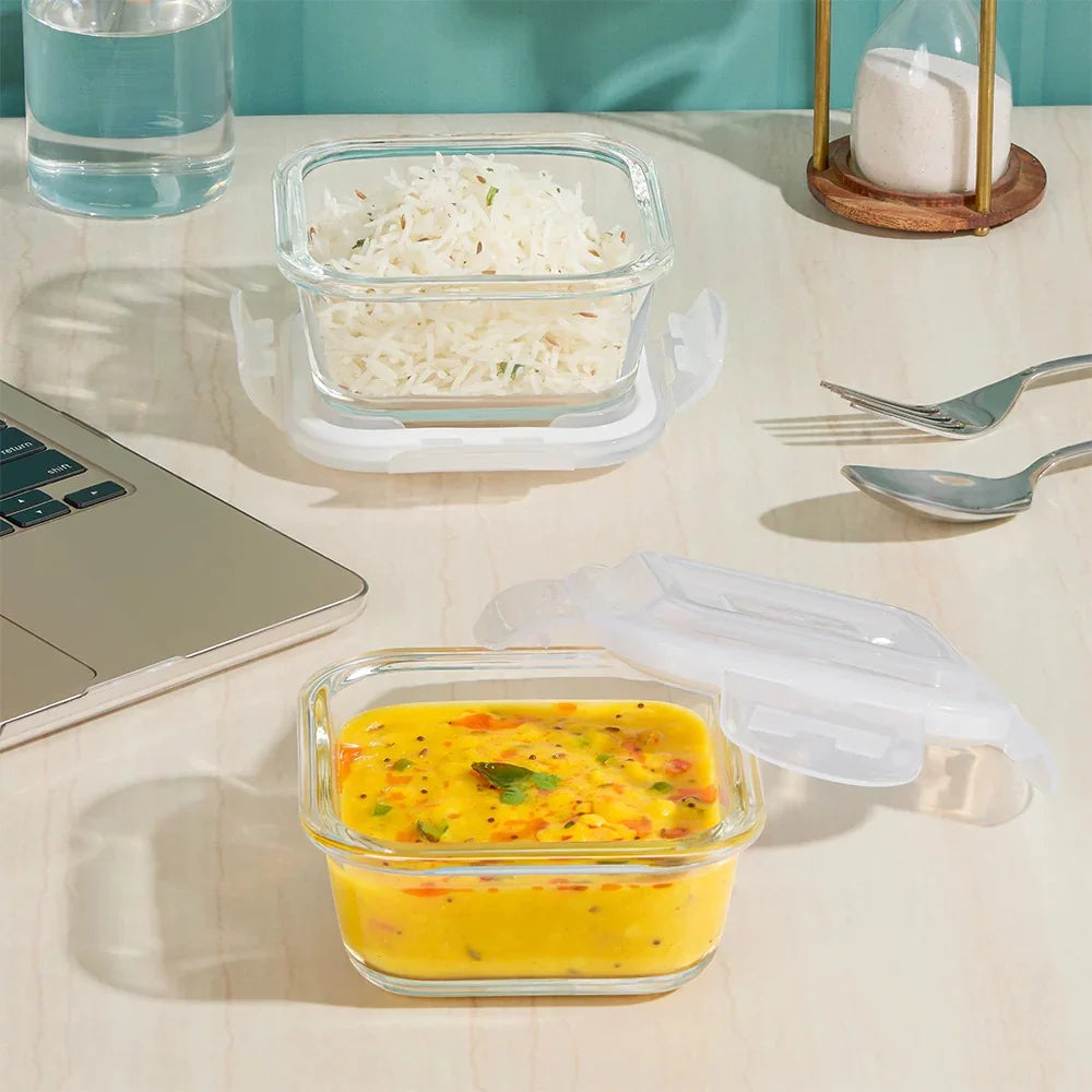 Borosil Mealbox Lunch Set - Grey, 320 ml Microwavable Glass Lunch Box Sqaure Set of 2