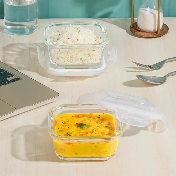 Borosil Mealbox Lunch Set - Grey, 320 ml Microwavable Glass Lunch Box Sqaure Set of 2