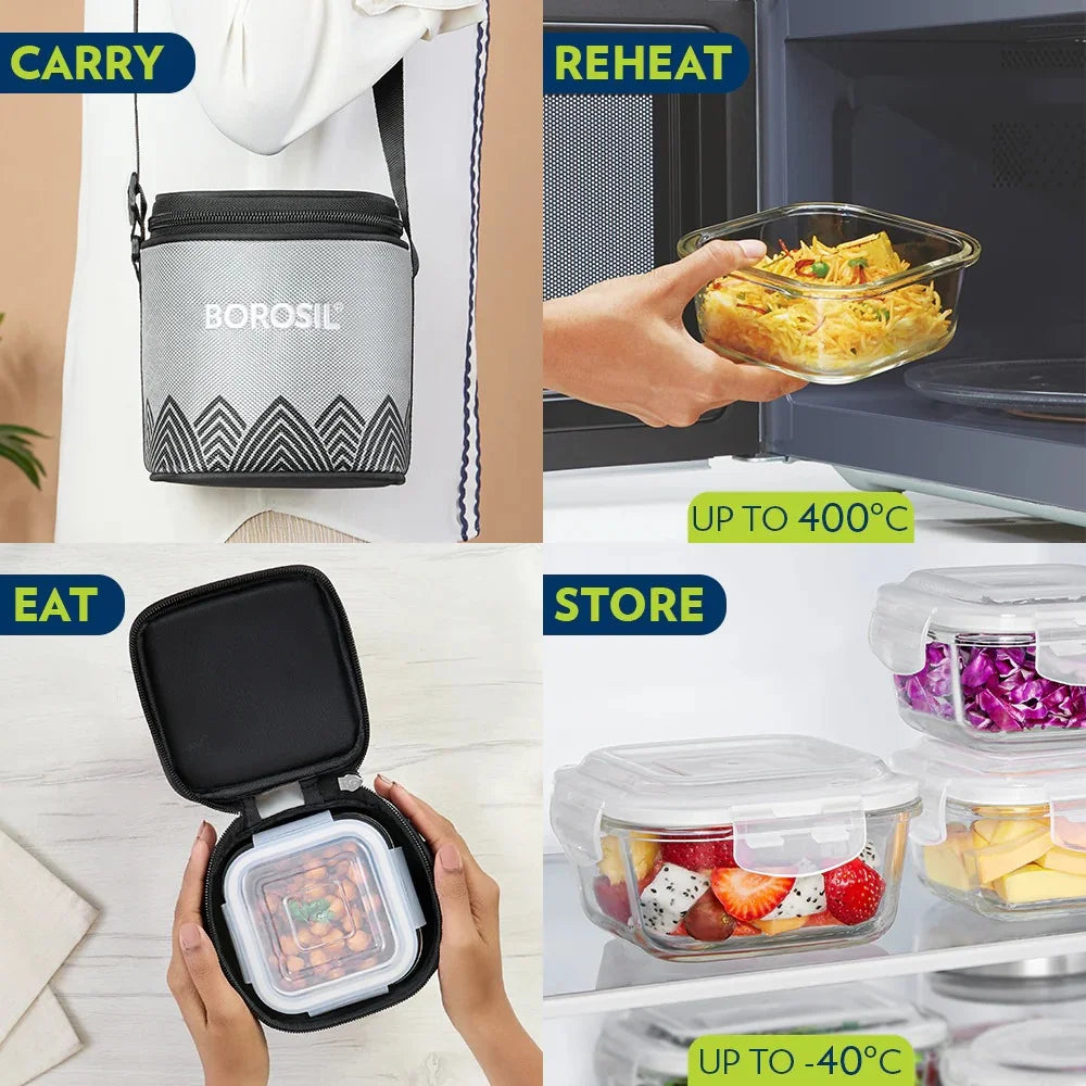 Borosil Mealbox Lunch Set - Grey, 320 ml Microwavable Glass Lunch Box Sqaure Set of 2
