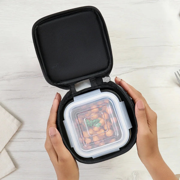 Borosil Mealbox Lunch Set - Grey, 320 ml Microwavable Glass Lunch Box Sqaure Set of 2