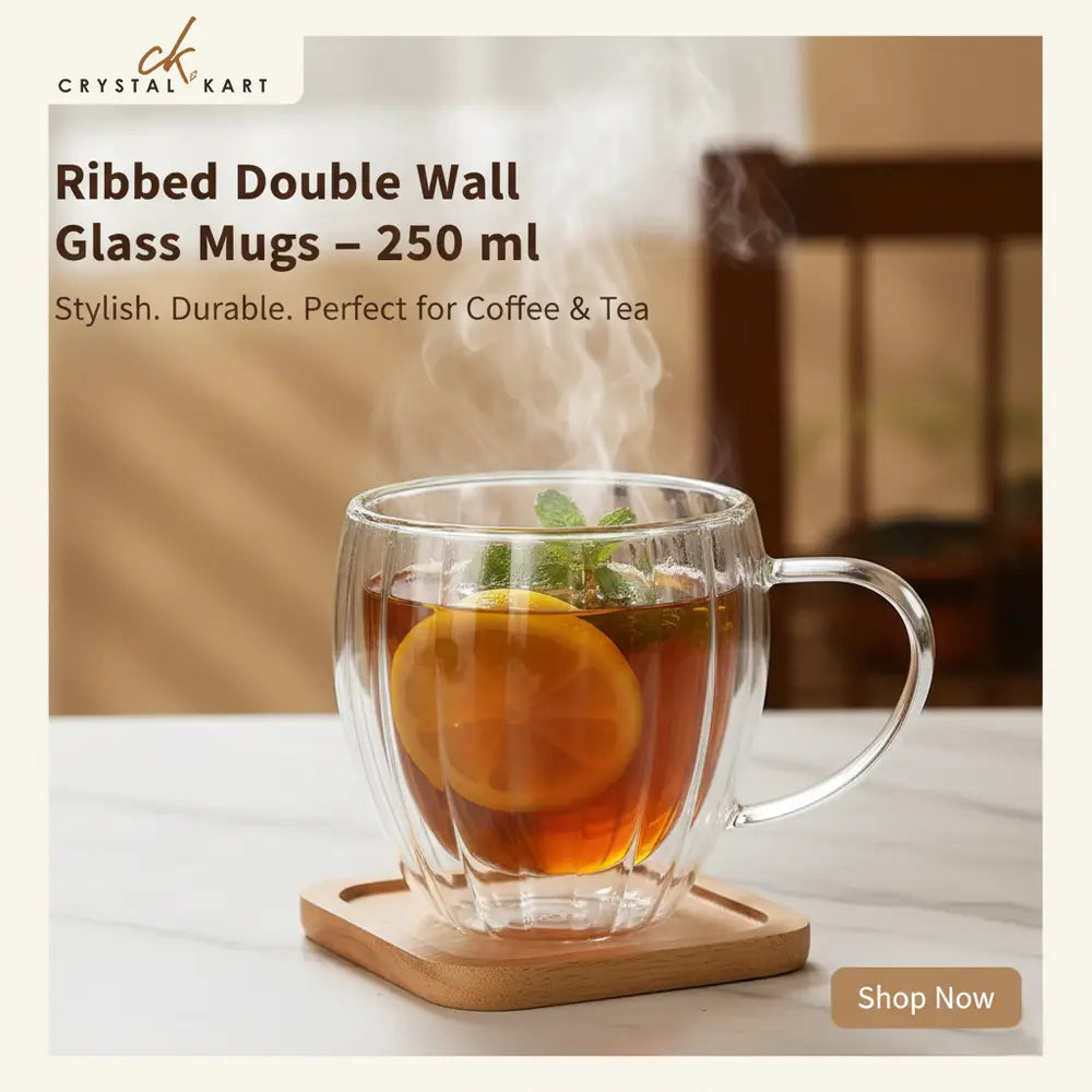 Ribbed Double Wall Insulated Borosilicate Glass Mugs, 250 ml