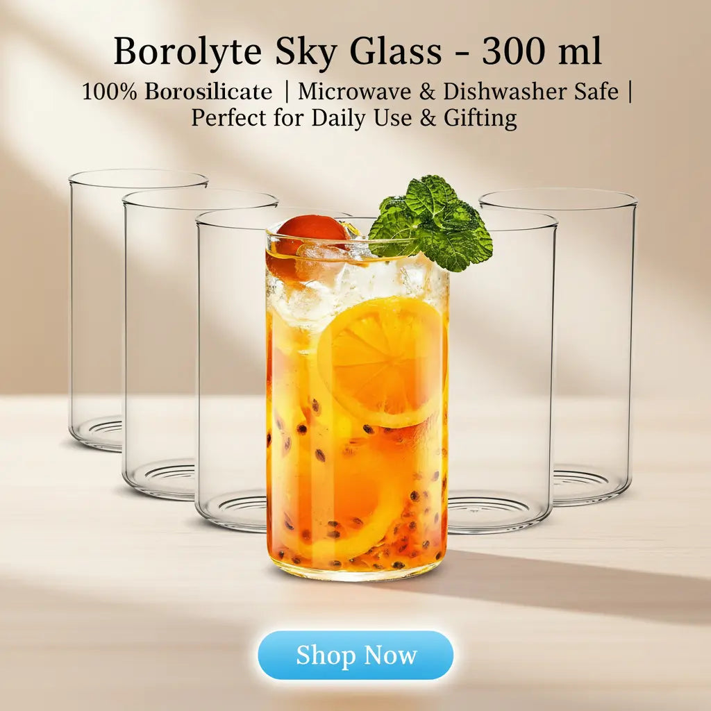 Borolyte Sky Glass 300 ml – Transparent Borosilicate Drinking Glass, Dishwasher & Microwave Safe Tumbler for Water, Juice, and Cold Drinks