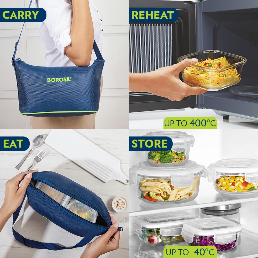 Borosil Klip n Store Daisy Glass Lunchbox with Bag — 4pc Set (320ml × 2 Square + 240ml × 2 Round) - Crystalkart