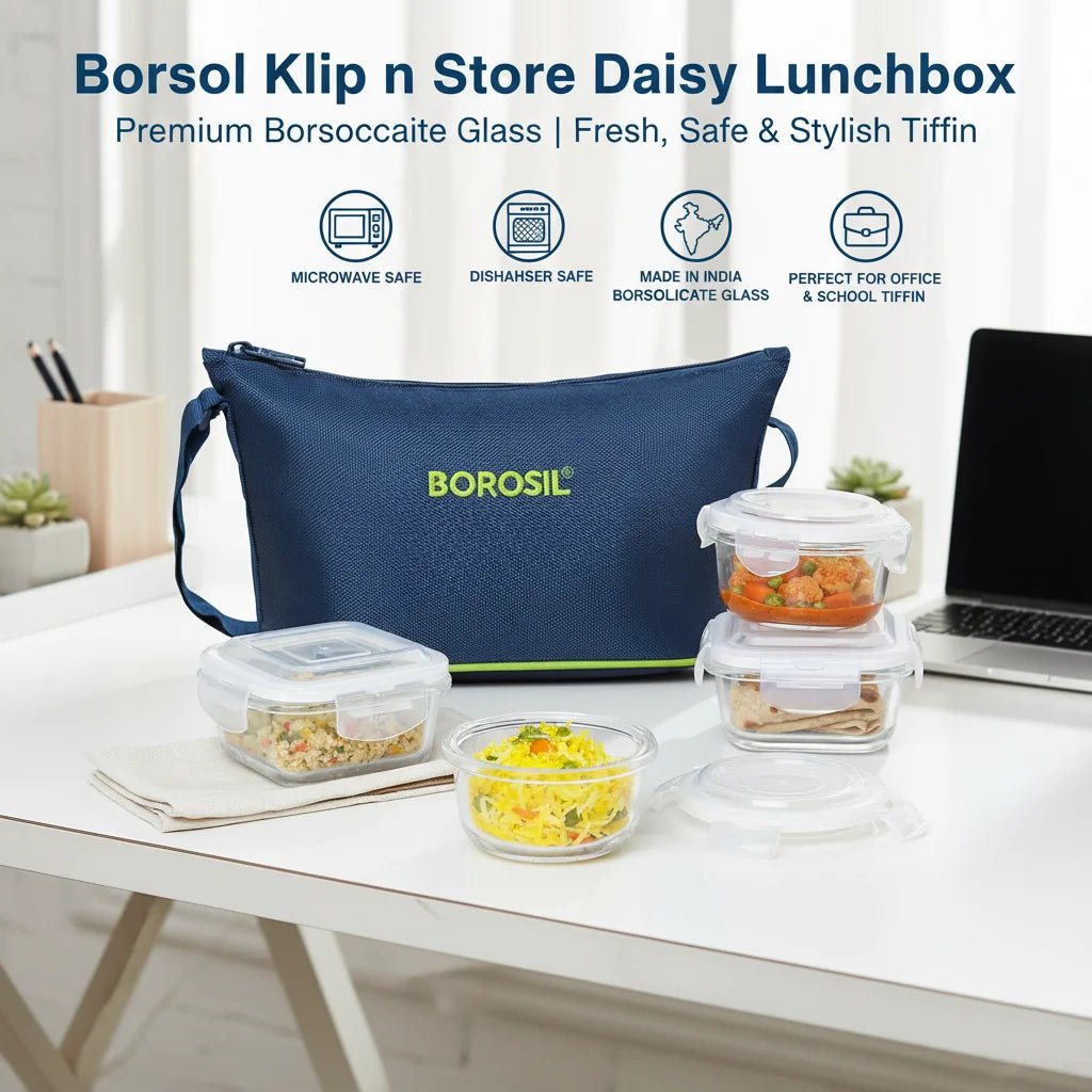 Borosil Klip n Store Daisy Glass Lunchbox with Bag — 4pc Set (320ml × 2 Square + 240ml × 2 Round) - Crystalkart