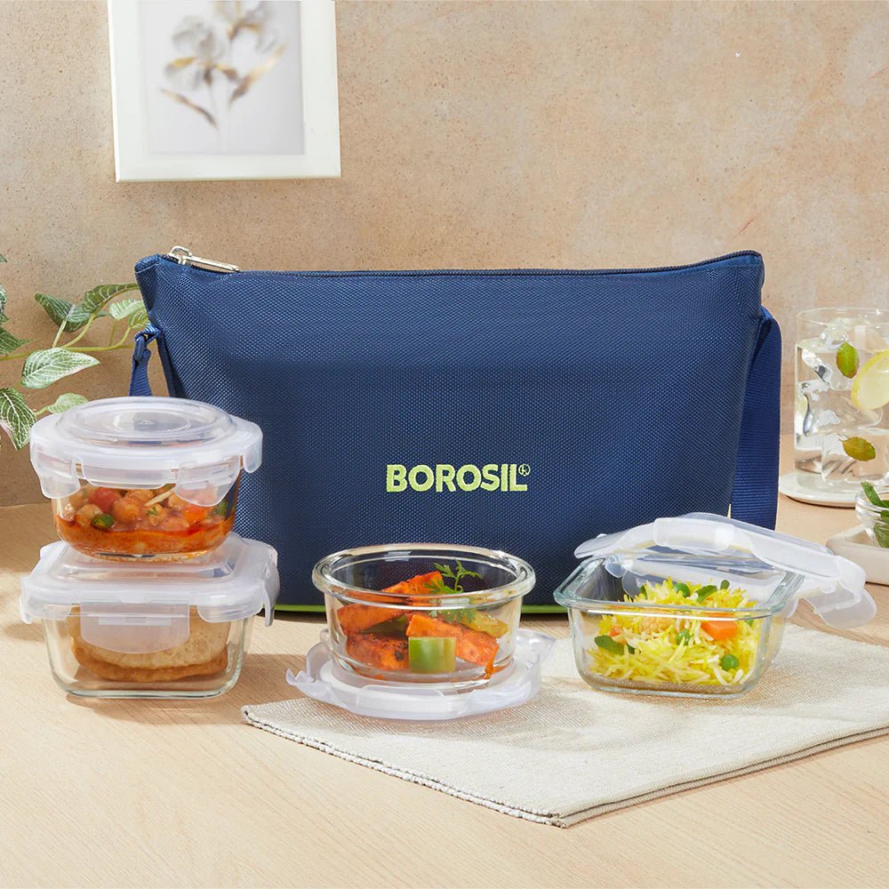 Borosil Klip n Store Daisy Glass Lunchbox with Bag — 4pc Set (320ml × 2 Square + 240ml × 2 Round) - Crystalkart