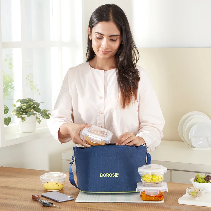 Borosil Klip n Store Daisy Glass Lunchbox with Bag — 4pc Set (320ml × 2 Square + 240ml × 2 Round) - Crystalkart