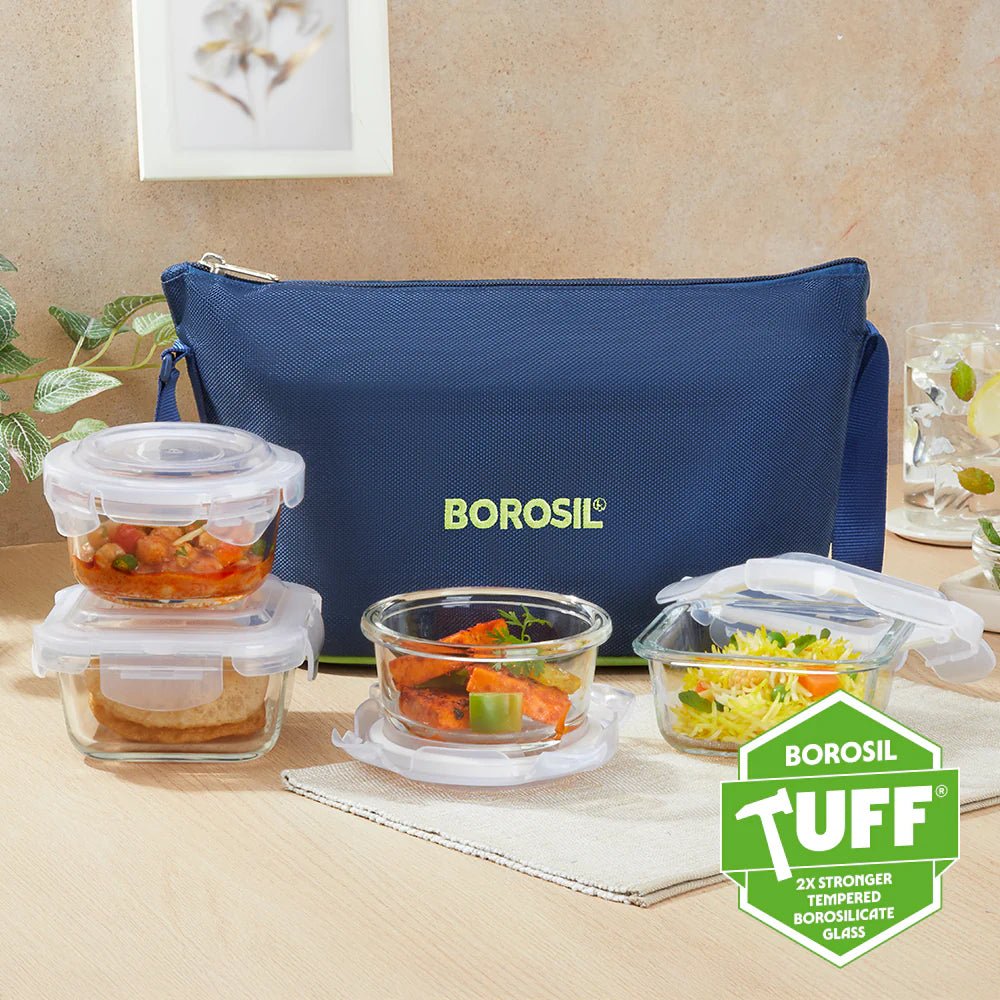 Borosil Klip n Store Daisy Glass Lunchbox with Bag — 4pc Set (320ml × 2 Square + 240ml × 2 Round) - Crystalkart