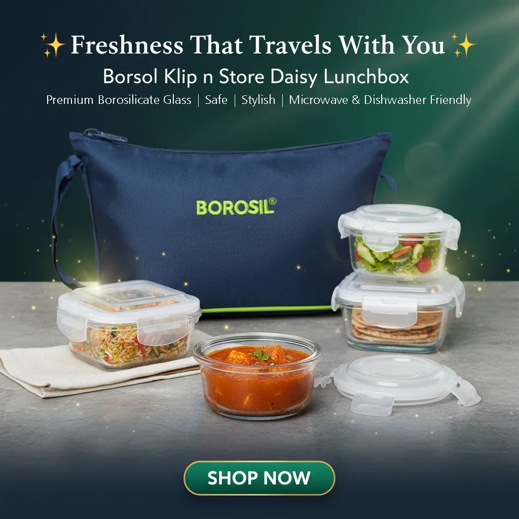 Borosil Klip n Store Daisy Glass Lunchbox with Bag — 4pc Set (320ml × 2 Square + 240ml × 2 Round)