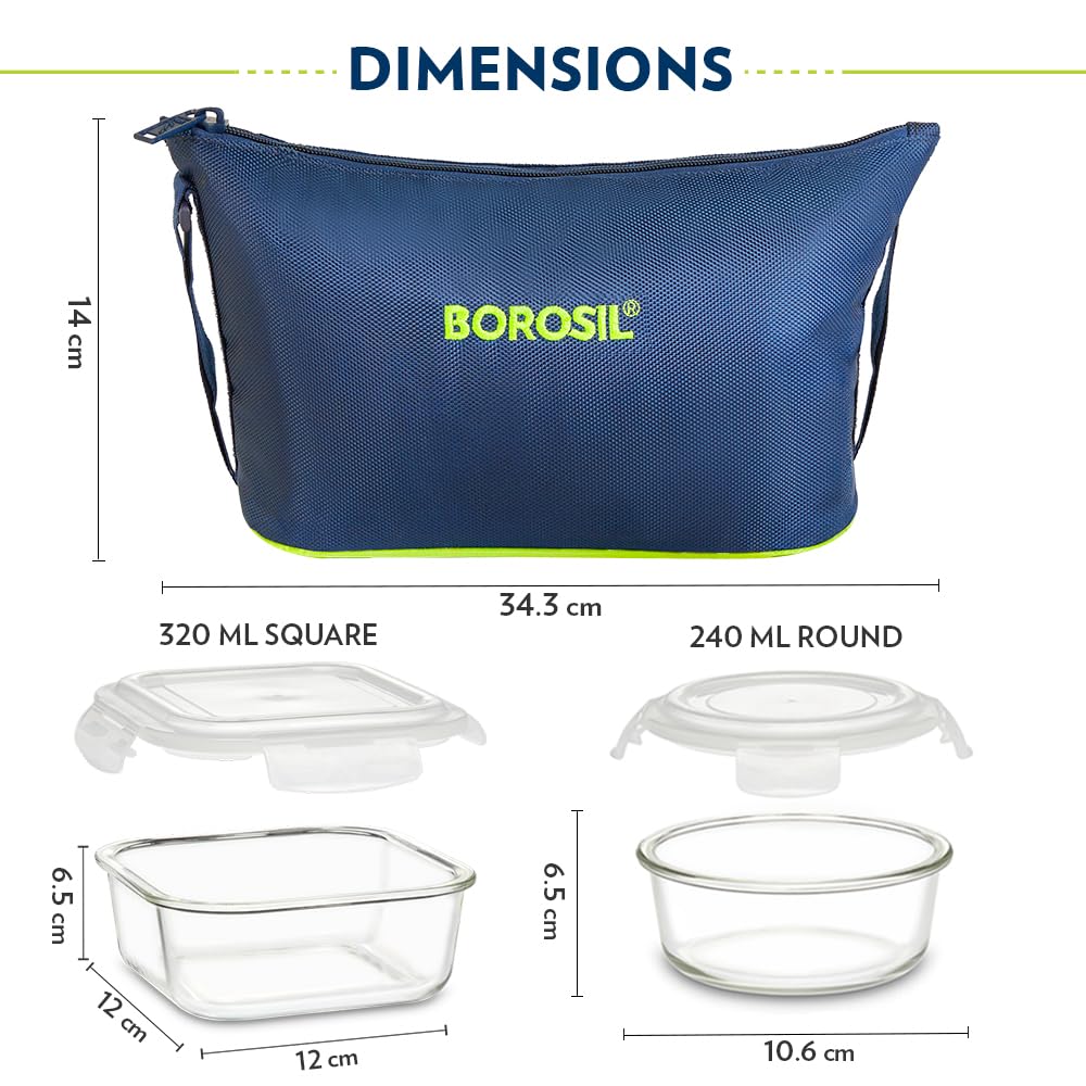 Borosil Klip n Store Daisy Glass Lunchbox with Bag — 4pc Set (320ml × 2 Square + 240ml × 2 Round) - Crystalkart