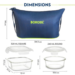 Borosil Klip n Store Daisy Glass Lunchbox with Bag — 4pc Set (320ml × 2 Square + 240ml × 2 Round) - Crystalkart