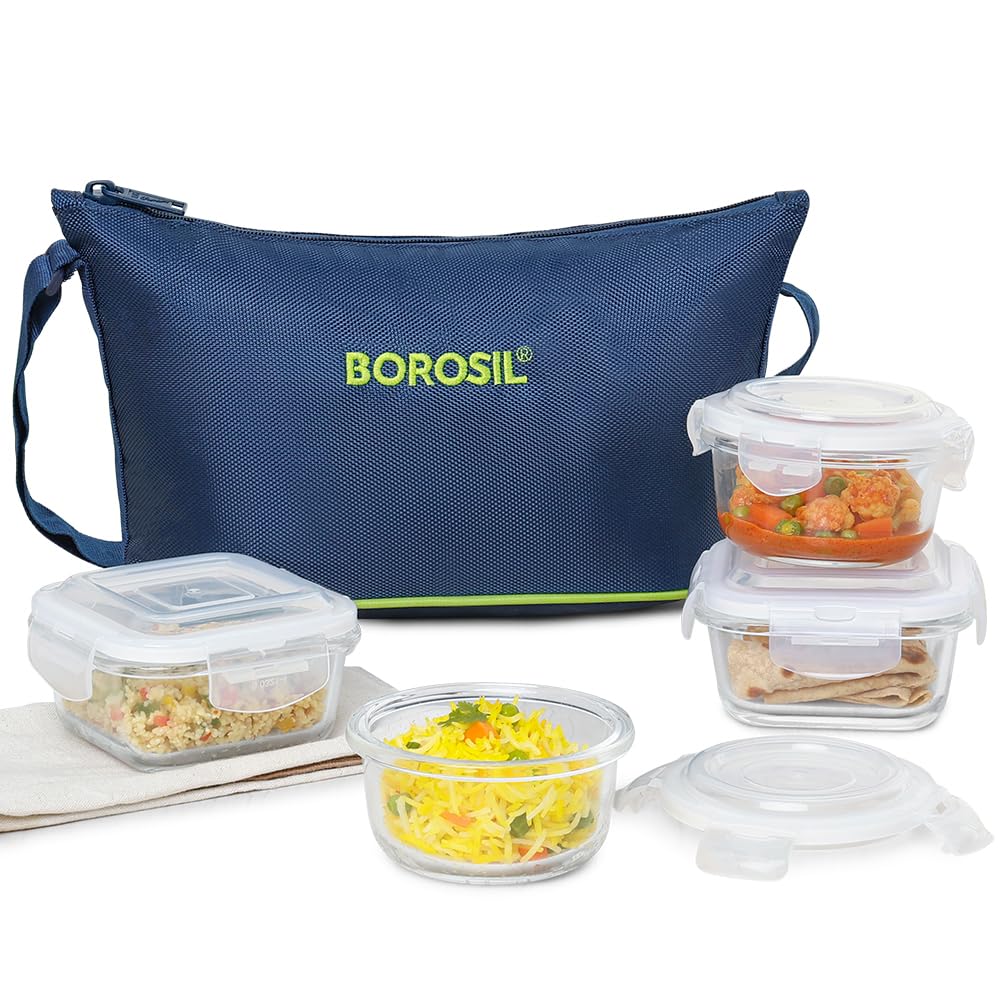 Borosil Klip n Store Daisy Glass Lunchbox with Bag — 4pc Set (320ml × 2 Square + 240ml × 2 Round) - Crystalkart Main image