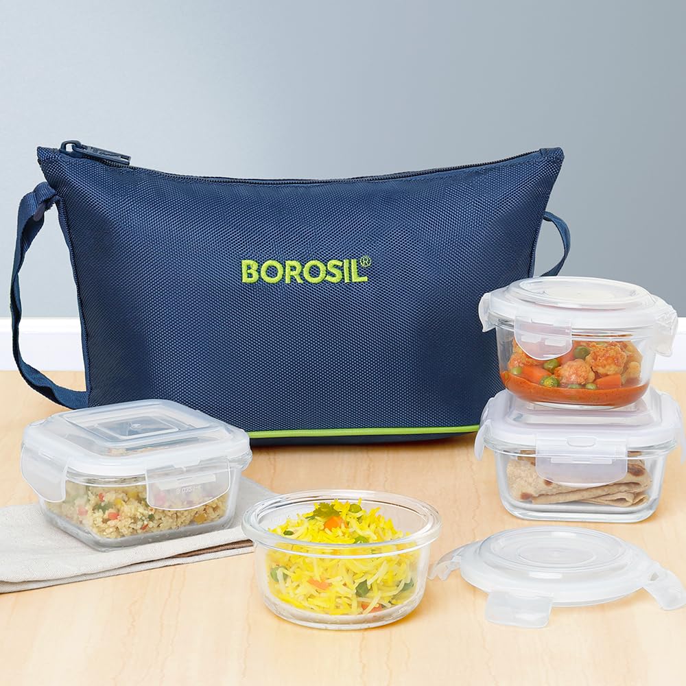 Borosil Klip n Store Daisy Glass Lunchbox with Bag — 4pc Set (320ml × 2 Square + 240ml × 2 Round) - Crystalkart