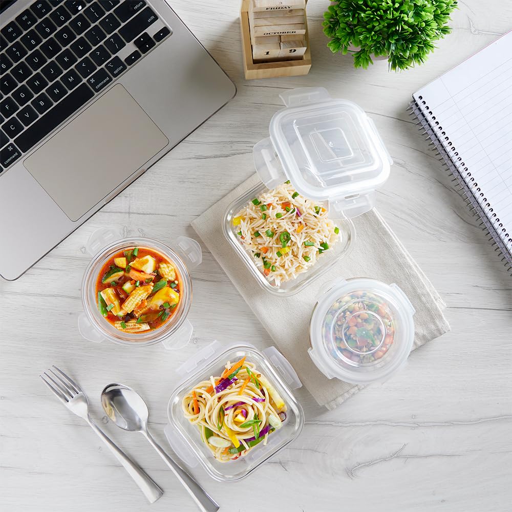 Borosil Klip n Store Daisy Glass Lunchbox with Bag — 4pc Set (320ml × 2 Square + 240ml × 2 Round) - Crystalkart