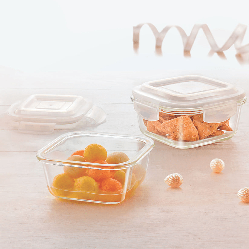 Borosil Klip N Store 2pc Square Food Storage Containers — 320ml & 520ml - Crystalkart