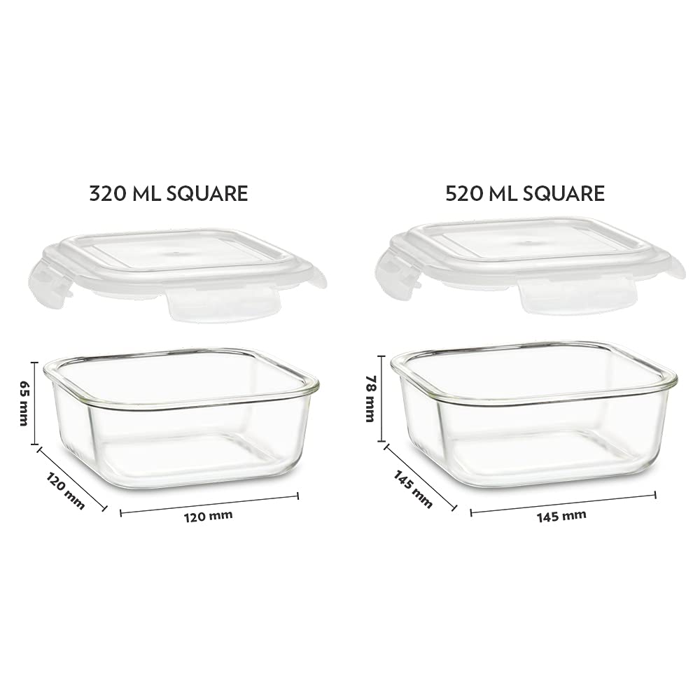 Borosil Klip N Store 2pc Square Food Storage Containers — 320ml & 520ml - Crystalkart