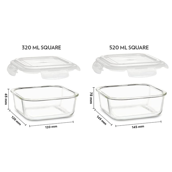 Borosil Klip N Store 2pc Square Food Storage Containers — 320ml & 520ml - Crystalkart
