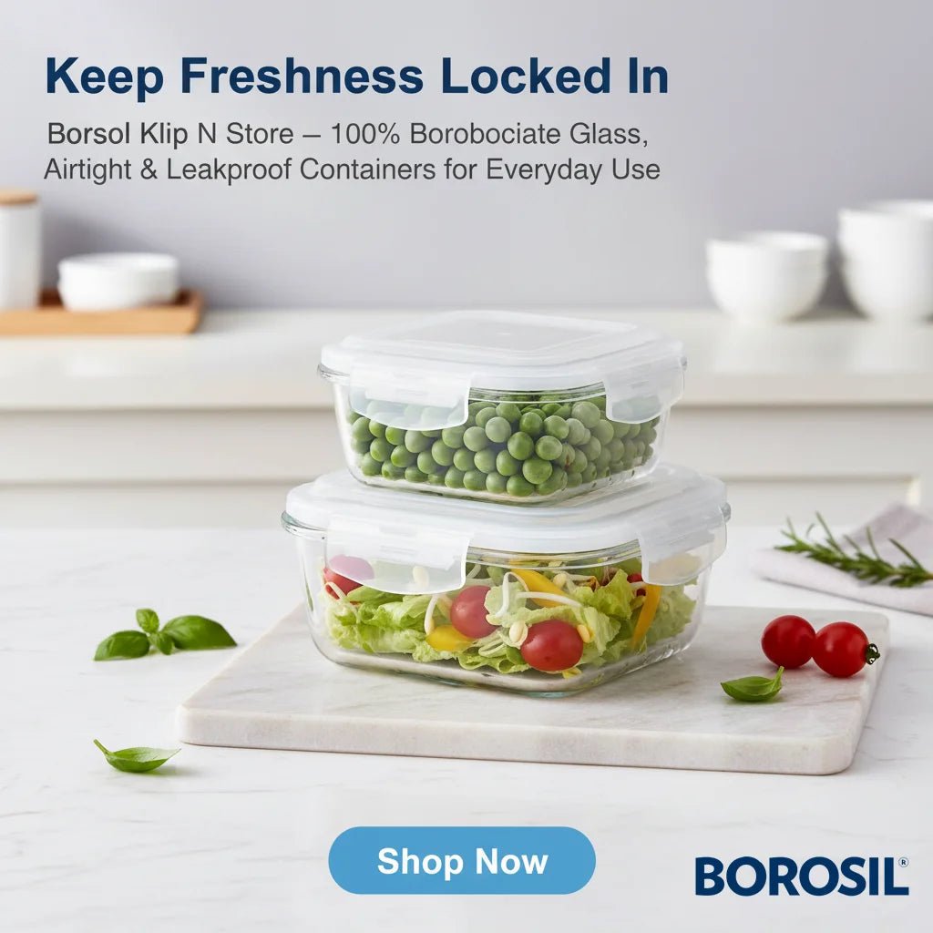 Borosil Klip N Store 2pc Square Food Storage Containers — 320ml & 520ml - Crystalkart