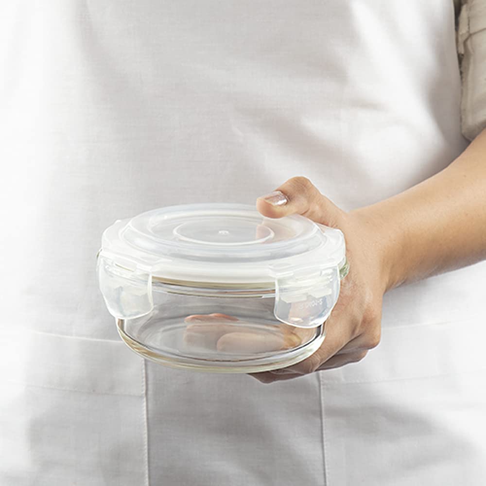 Borosil Klip N Store Round Glass Containers Set of 3 (400ml, 620ml, 950ml) | Airtight & Leakproof Lids | Borosilicate Food Storage Lunch Box | Microwave, Oven, Freezer & Dishwasher Safe | Made in India - Crystalkart