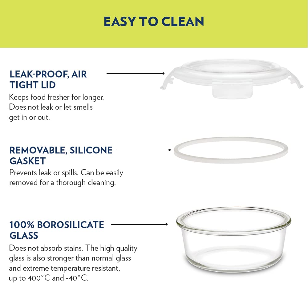 Borosil Klip N Store Round Glass Containers Set of 3 (400ml, 620ml, 950ml) | Airtight & Leakproof Lids | Borosilicate Food Storage Lunch Box | Microwave, Oven, Freezer & Dishwasher Safe | Made in India - Crystalkart