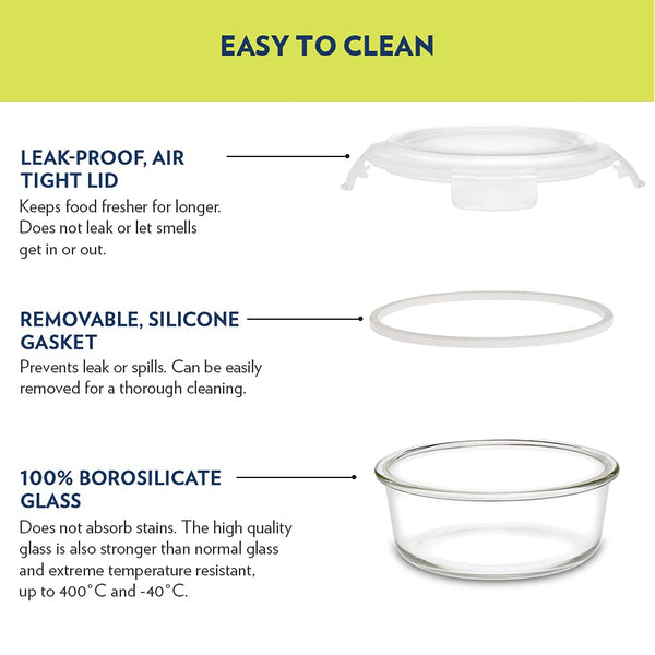 Borosil Klip N Store Round Glass Containers Set of 3 (400ml, 620ml, 950ml) | Airtight & Leakproof Lids | Borosilicate Food Storage Lunch Box | Microwave, Oven, Freezer & Dishwasher Safe | Made in India - Crystalkart