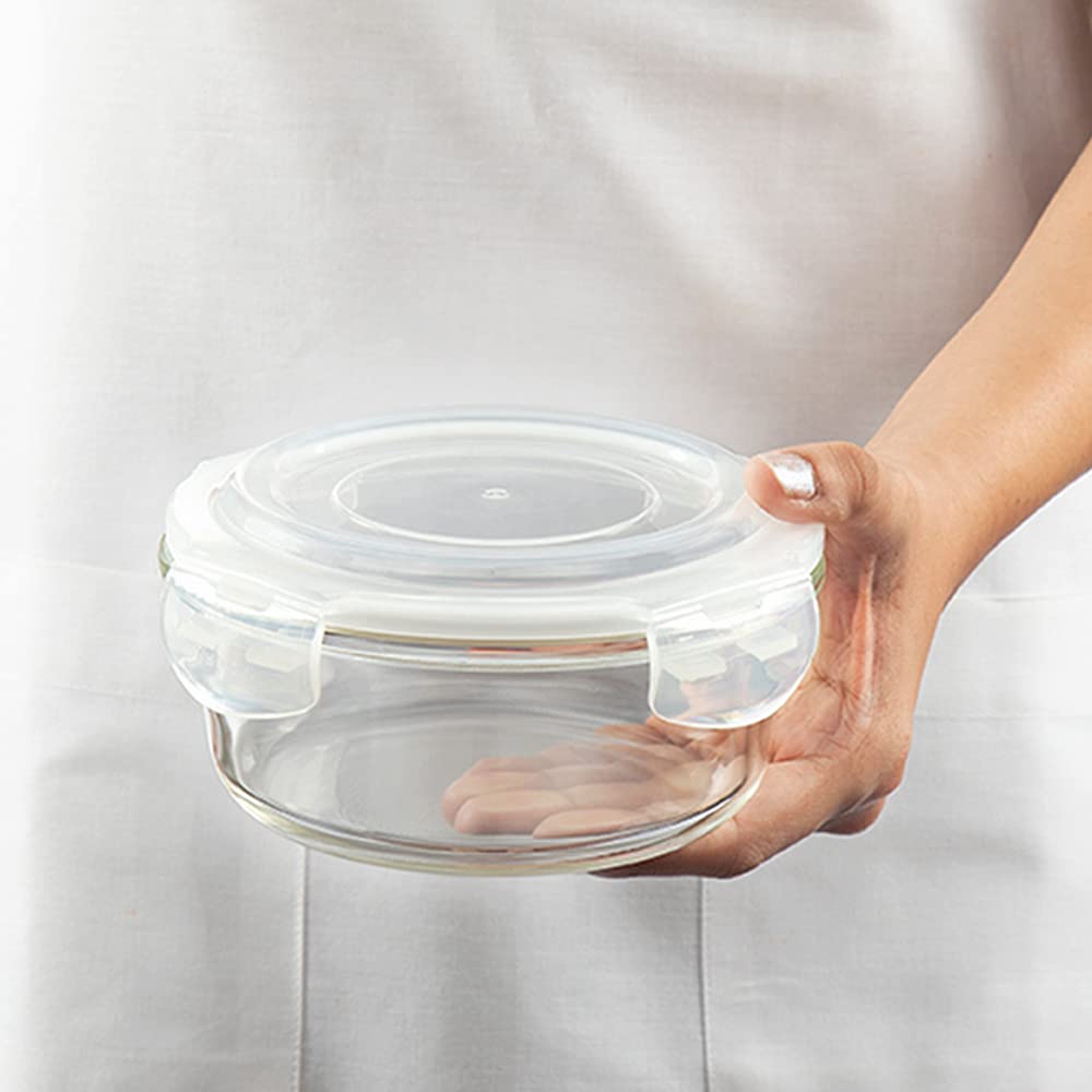 Borosil Klip N Store Round Glass Containers Set of 3 (400ml, 620ml, 950ml) | Airtight & Leakproof Lids | Borosilicate Food Storage Lunch Box | Microwave, Oven, Freezer & Dishwasher Safe | Made in India - Crystalkart
