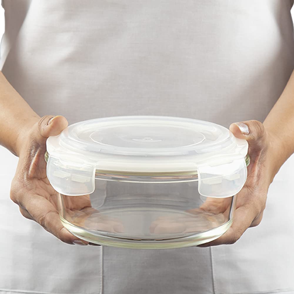 Borosil Klip N Store Round Glass Containers Set of 3 (400ml, 620ml, 950ml) | Airtight & Leakproof Lids | Borosilicate Food Storage Lunch Box | Microwave, Oven, Freezer & Dishwasher Safe | Made in India - Crystalkart