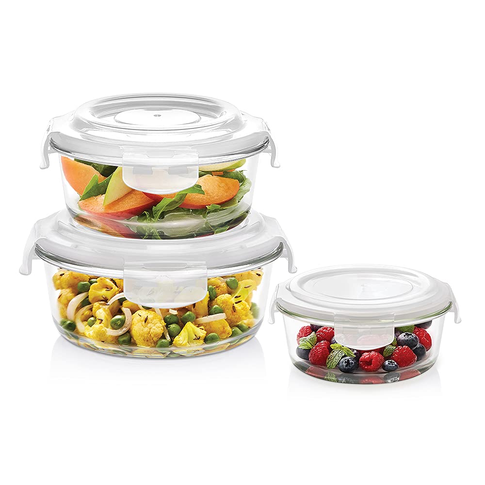 Borosil Klip N Store Round Glass Containers Set of 3 (400ml, 620ml, 950ml) | Airtight & Leakproof Lids | Borosilicate Food Storage Lunch Box | Microwave, Oven, Freezer & Dishwasher Safe | Made in India - Crystalkart Main image