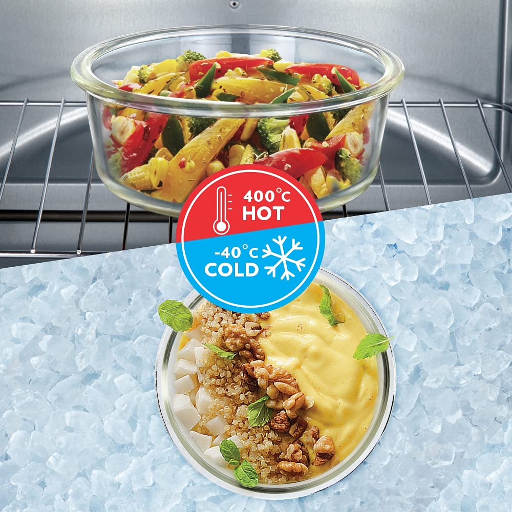 Borosil Klip N Store Round Glass Containers Set of 3 (400ml, 620ml, 950ml) | Airtight & Leakproof Lids | Borosilicate Food Storage Lunch Box | Microwave, Oven, Freezer & Dishwasher Safe | Made in India - Crystalkart
