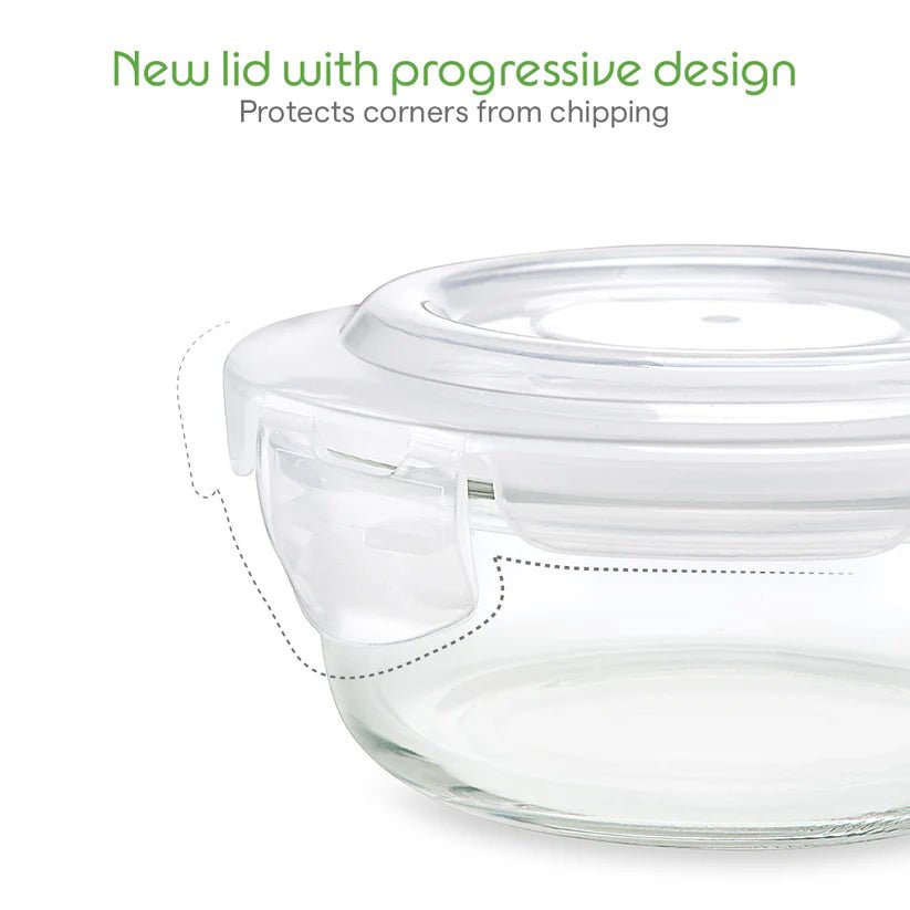 Borosil Klip N Store Round Glass Containers Set of 3 (400ml, 620ml, 950ml) | Airtight & Leakproof Lids | Borosilicate Food Storage Lunch Box | Microwave, Oven, Freezer & Dishwasher Safe | Made in India - Crystalkart