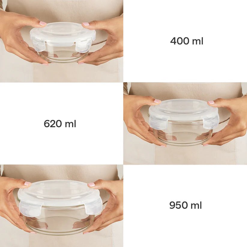 Borosil Klip N Store Round Glass Containers Set of 3 (400ml, 620ml, 950ml) | Airtight & Leakproof Lids | Borosilicate Food Storage Lunch Box | Microwave, Oven, Freezer & Dishwasher Safe | Made in India - Crystalkart