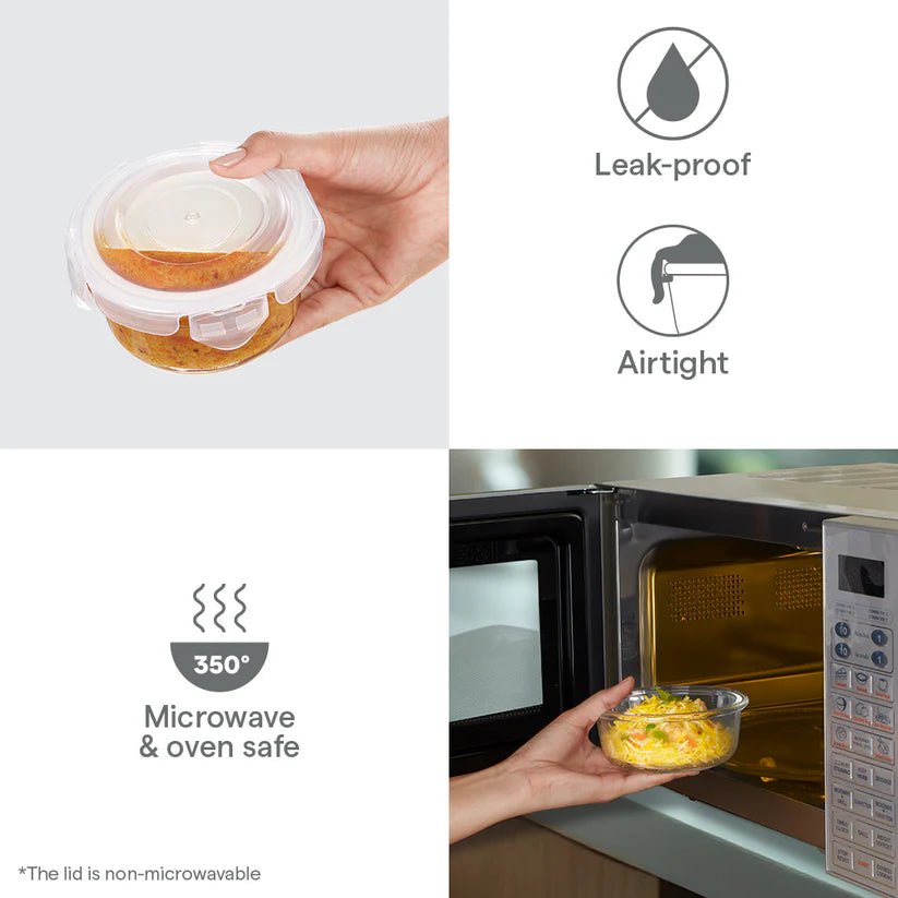 Borosil Klip N Store Round Glass Containers Set of 3 (400ml, 620ml, 950ml) | Airtight & Leakproof Lids | Borosilicate Food Storage Lunch Box | Microwave, Oven, Freezer & Dishwasher Safe | Made in India - Crystalkart