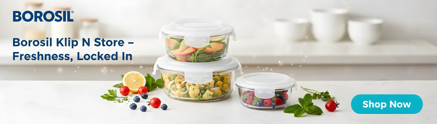Borosil Klip N Store Glass Containers | Airtight & Leakproof Lids | Borosilicate Food Storage Lunch Box | Microwave, Oven, Freezer & Dishwasher Safe | Made in India