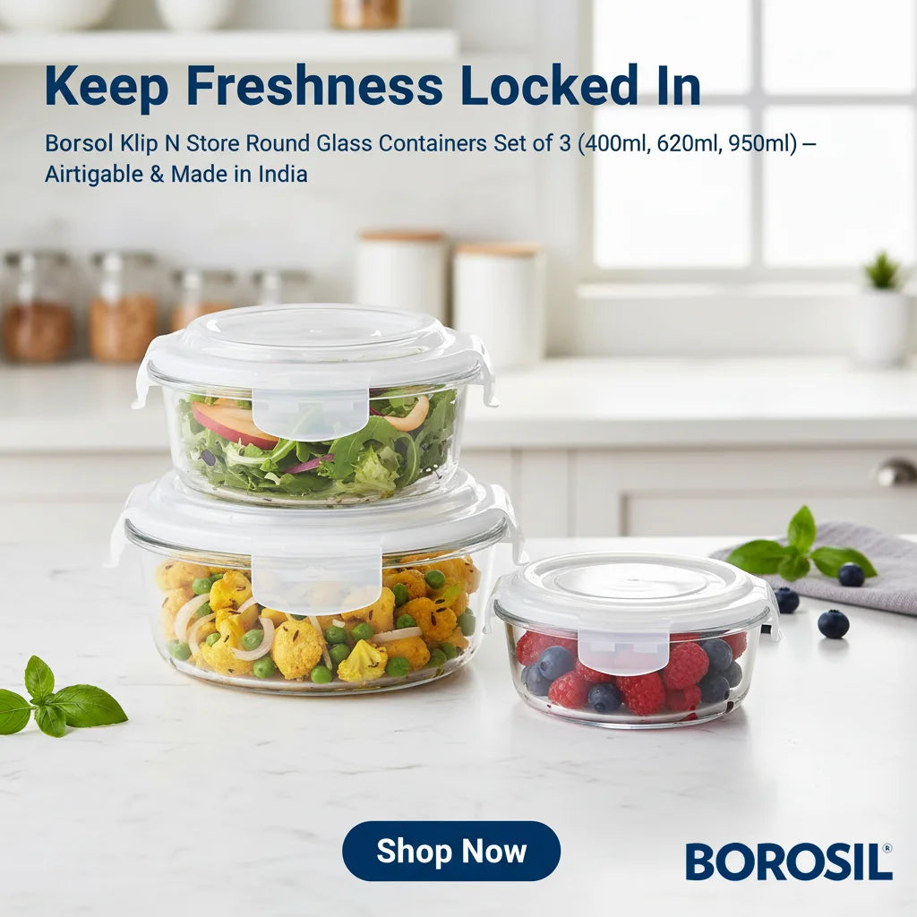 Borosil Klip N Store Round Glass Containers Set of 3 (400ml, 620ml, 950ml) | Airtight & Leakproof Lids | Borosilicate Food Storage Lunch Box | Microwave, Oven, Freezer & Dishwasher Safe | Made in India