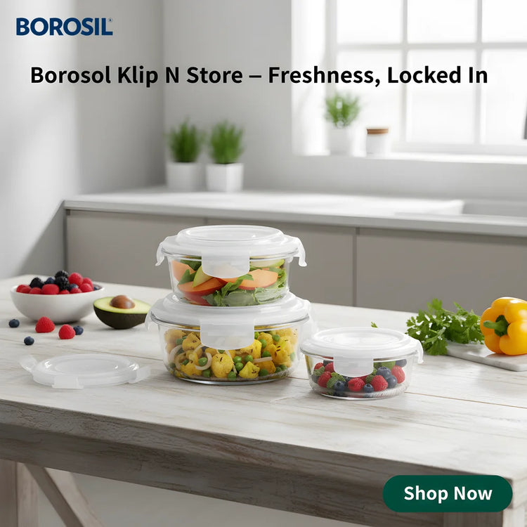 Borosil Klip N Store Glass Containers | Airtight & Leakproof Lids | Borosilicate Food Storage Lunch Box | Microwave, Oven, Freezer & Dishwasher Safe | Made in India