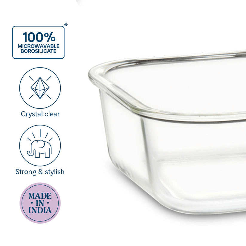 Borosil Klip N Store 2pc Square Food Storage Containers — 320ml & 520ml - Crystalkart