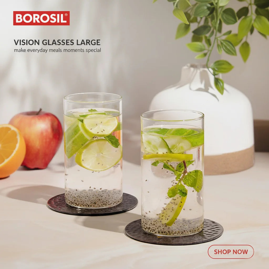 Borosil Vision Glass Set of 6 Pcs | 100% Borosilicate Glass Tumblers for Water, Cold Drinks, Juice | Flame Proof, Microwave & Dishwasher Safe | for Daily use & Gifting
