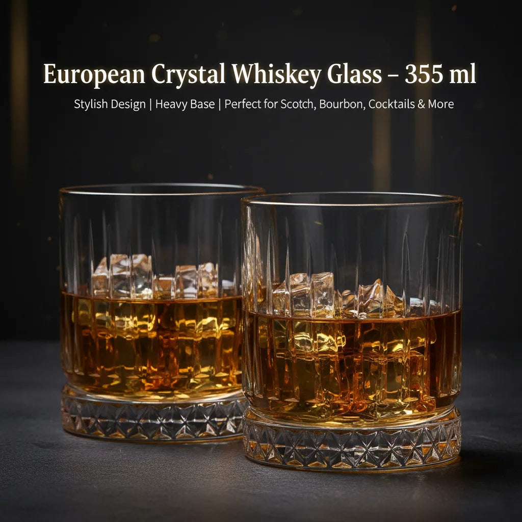 European Crystal Whiskey Glass 355 ml – Elegant Heavy Base Glass for Scotch, Bourbon, Mixed Drinks, Water, and Cocktails